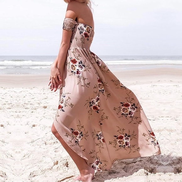 Floral On Off-Shoulder Boho Chiffon Maxi Dress Size S Tan Slit Split Front NWOT - Picture 10 of 12